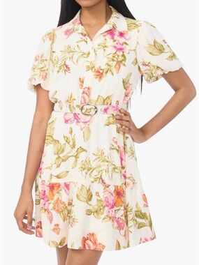 NWT CeCe women’s Floral Shirt belted Dress in Cream with Pink & Green Print  L